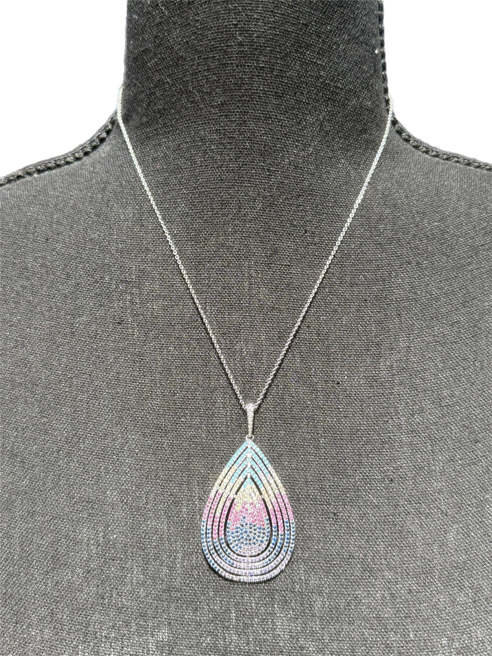 Multicolor Teardrop Gradient Crystal Pendant & Chain‎ White Gold